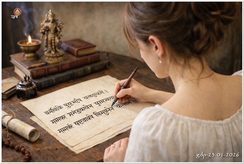 फ्रेंच लड़की संस्कृत में गीता लिखती हुई 